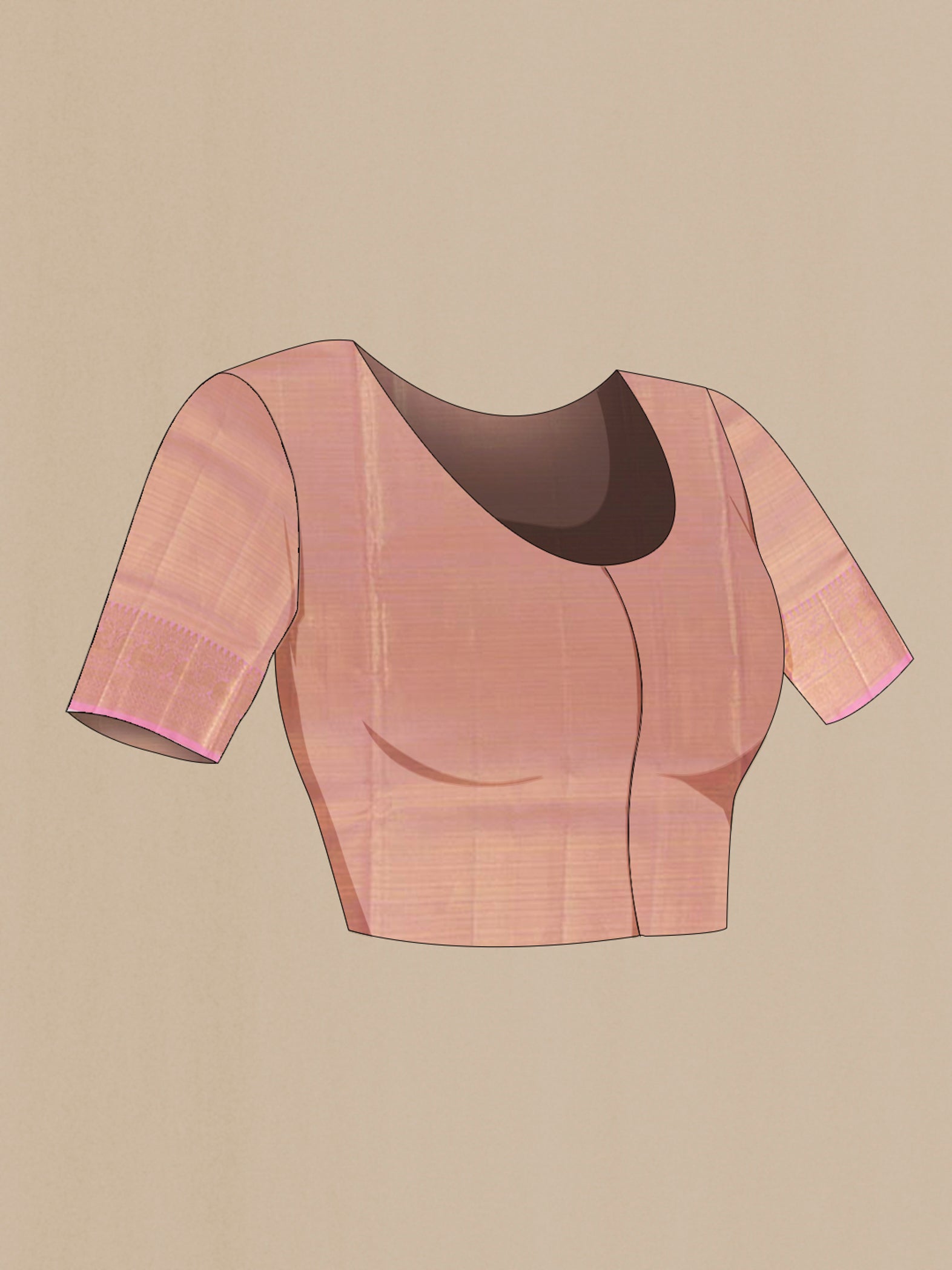 Close up image of the blouse of Rose Gold Kanjivaram Tissue Silk Saree with Zari Brocade on the body and Zari Border. 