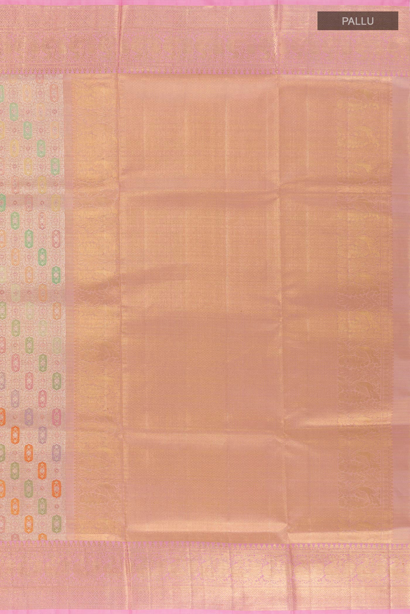 Close up image of the pallu of Rose Gold Kanjivaram Tissue Silk Saree with Zari Brocade on the body and Zari Border. 