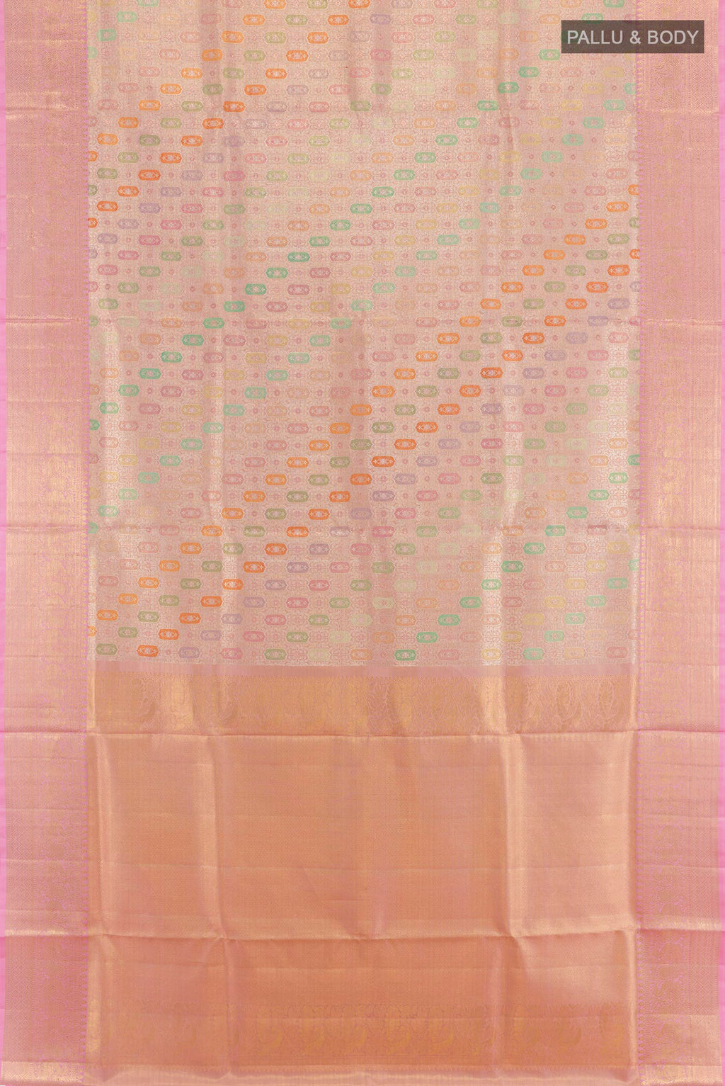 Flat view of Rose Gold Kanjivaram Tissue Silk Saree with Zari Brocade on the body and Zari Border. 