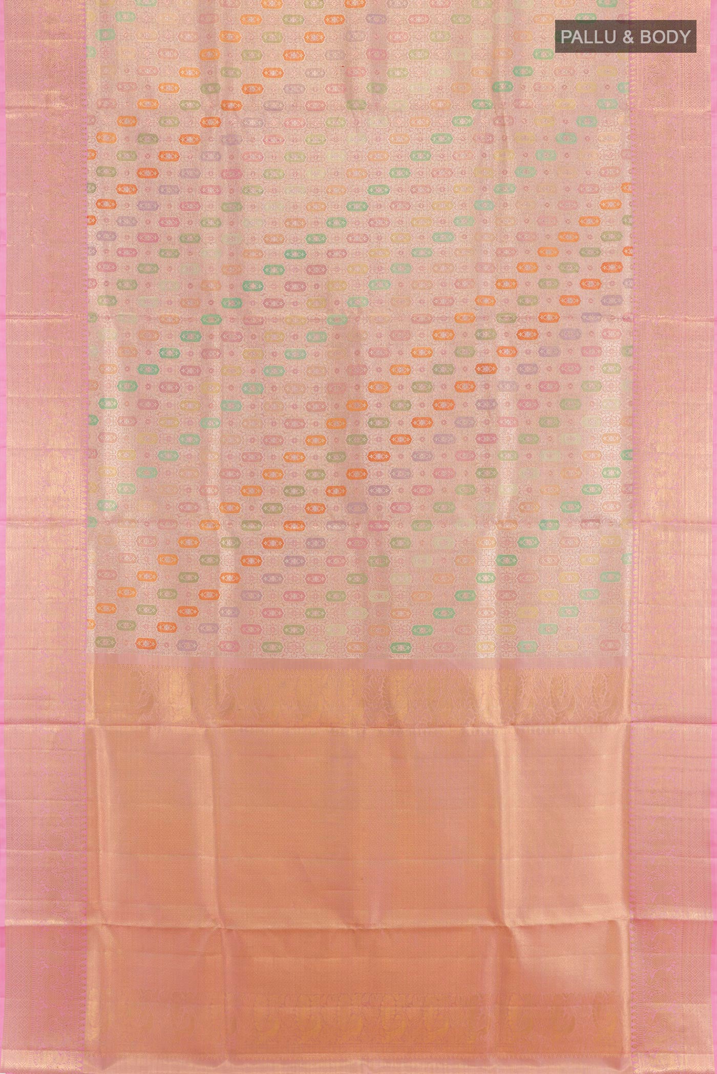 Flat view of Rose Gold Kanjivaram Tissue Silk Saree with Zari Brocade on the body and Zari Border. 