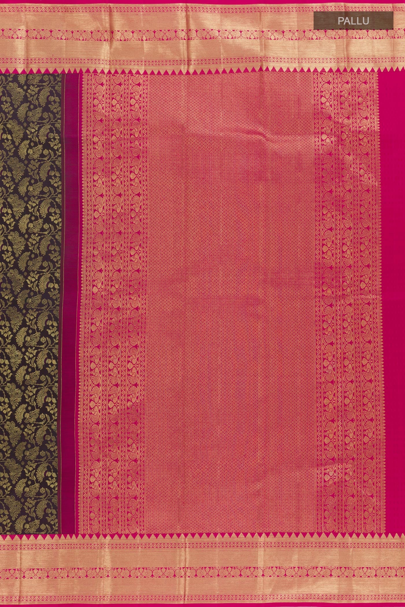 Close up image of the pallu of Black Kanjivaram Silk Saree with Zari Brocade on the body and Zari Border. 