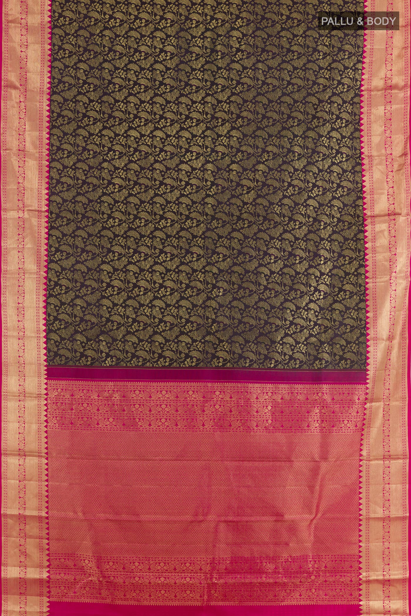 Flat view of Black Kanjivaram Silk Saree with Zari Brocade on the body and Zari Border. 