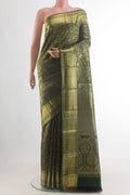 Pure Silk Bottle Green Kanchipuram Saree with Zari Brocade on the body and Zari Border.  displayed on a mannequin