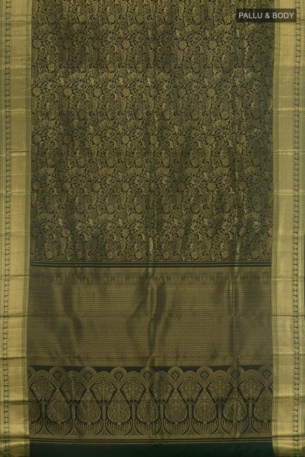 Flat view of Pure Silk Bottle Green Kanchipuram Saree with Zari Brocade on the body and Zari Border. 