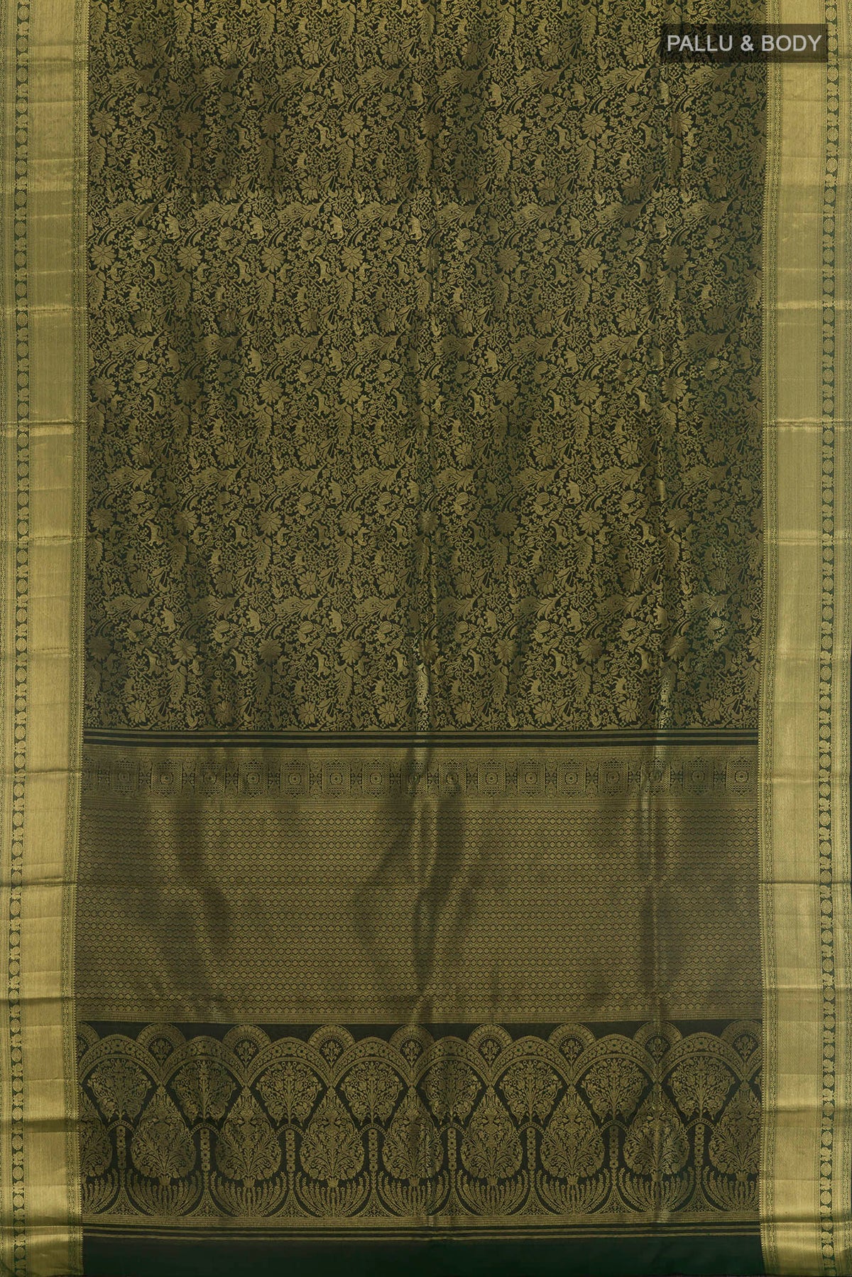 Flat view of Pure Silk Bottle Green Kanchipuram Saree with Zari Brocade on the body and Zari Border. 
