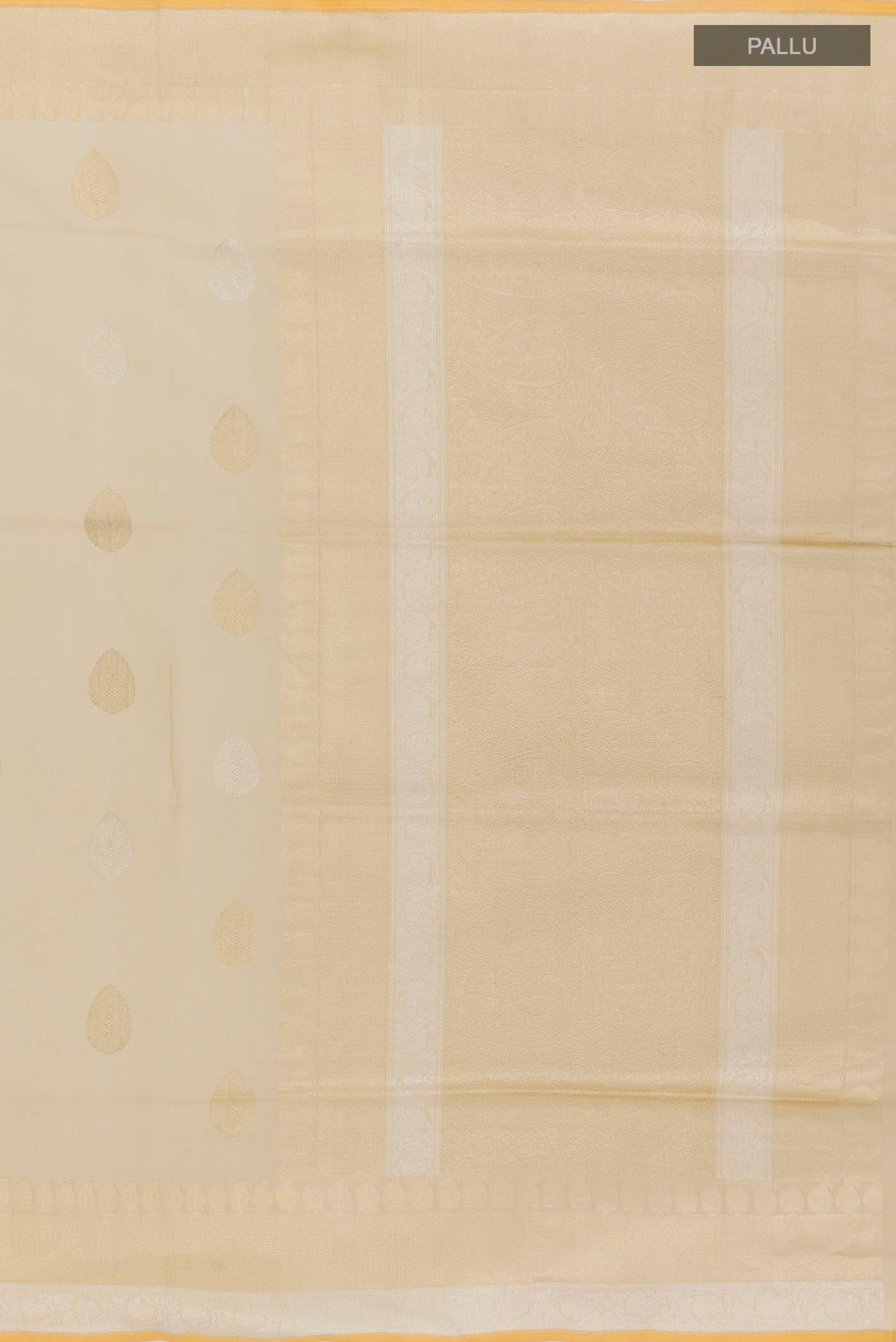 Close up image of the pallu of Cream Banarasi Silk Saree with Zari Butta on the body and Zari Border. 