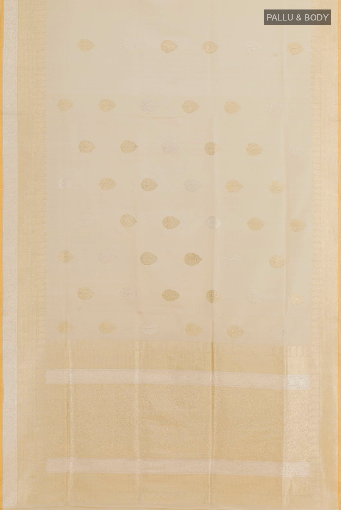 Flat view of Cream Banarasi Silk Saree with Zari Butta on the body and Zari Border. 
