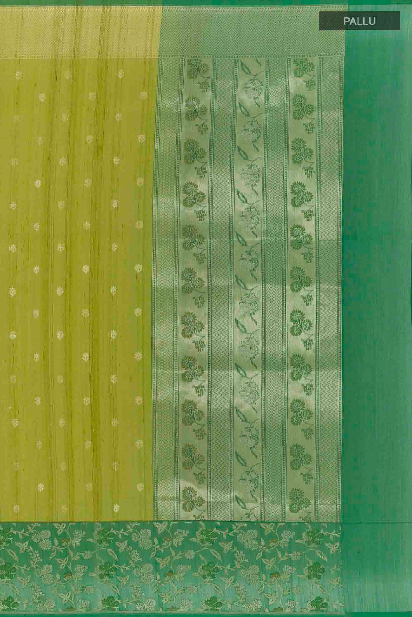 Close up image of the pallu of Pickle Green Banarasi Tussar Silk Saree with Zari Butta on the body and Zari Border