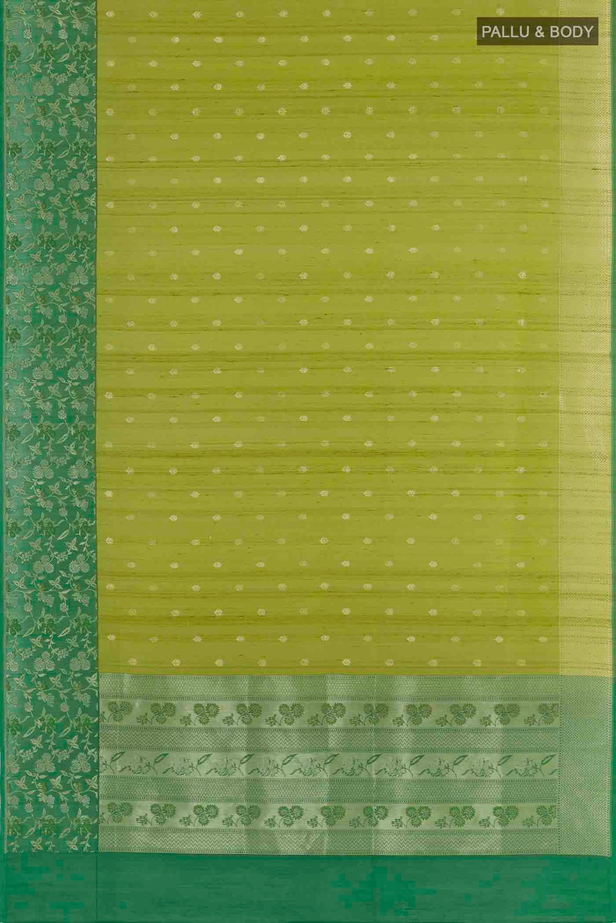 Flat view of Pickle Green Banarasi Tussar Silk Saree with Zari Butta on the body and Zari Border