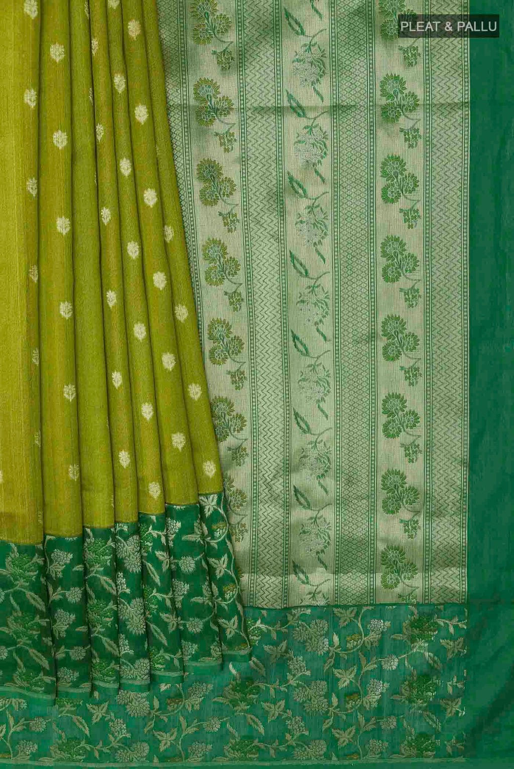 Pleats and pallu of Pickle Green Banarasi Tussar Silk Saree with Zari Butta on the body and Zari Border