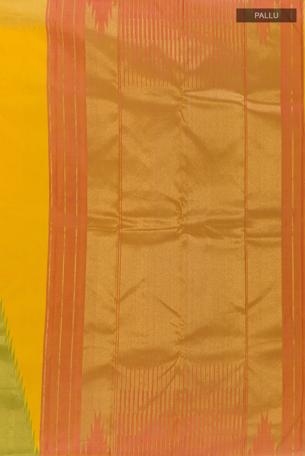 Close up image of the pallu of Pure Silk Pure Zari Yellow Kanjivaram Saree with Plain Body and Temple Border. 