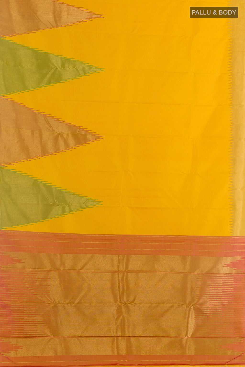 Flat view of Pure Silk Pure Zari Yellow Kanjivaram Saree with Plain Body and Temple Border. 