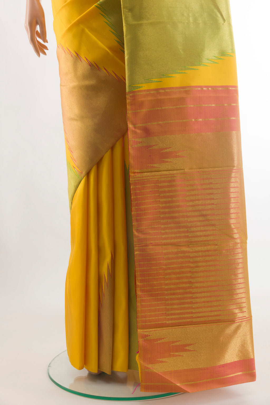 Pleats and pallu of Pure Silk Pure Zari Yellow Kanjivaram Saree with Plain Body and Temple Border. 