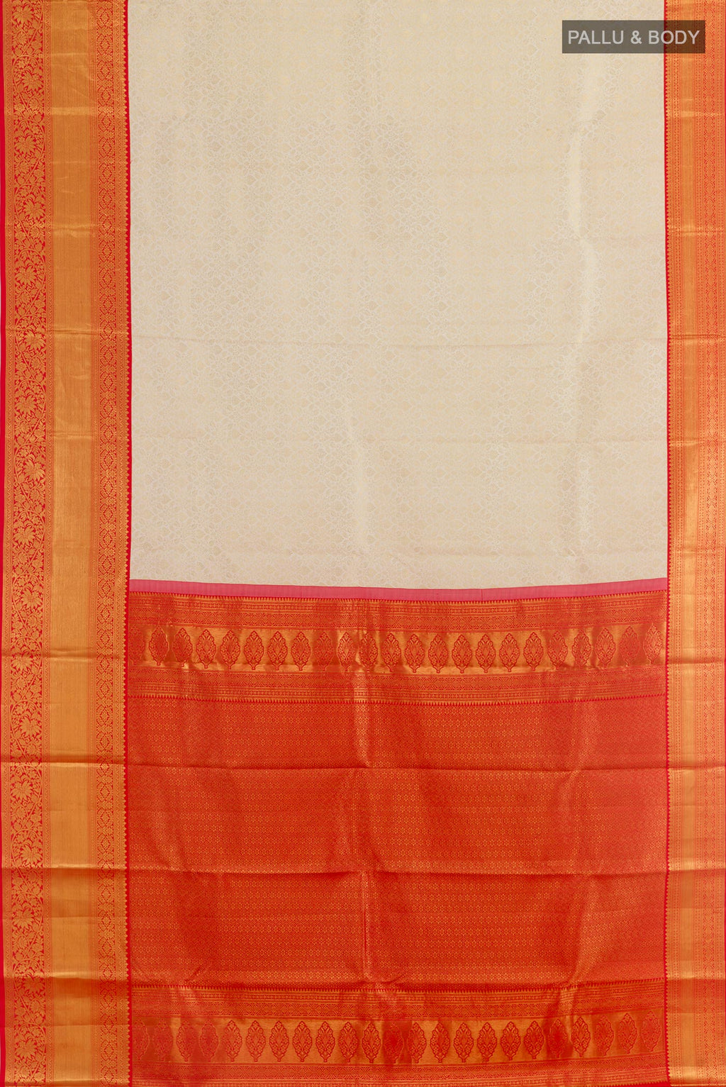 Flat view of Off White Kanchipuram Silk Saree with Zari Brocade on the body and Zari Border. 