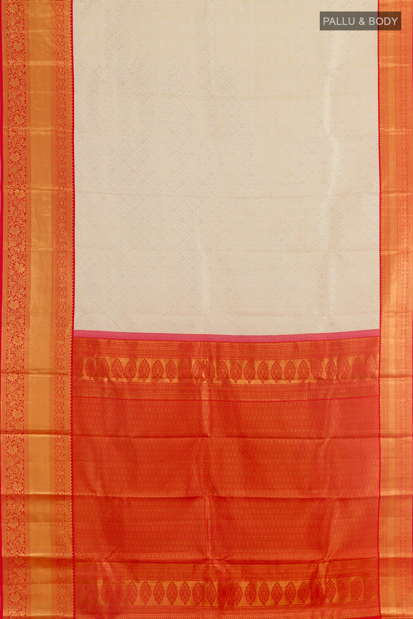 Flat view of Off White Kanchipuram Silk Saree with Zari Brocade on the body and Zari Border. 