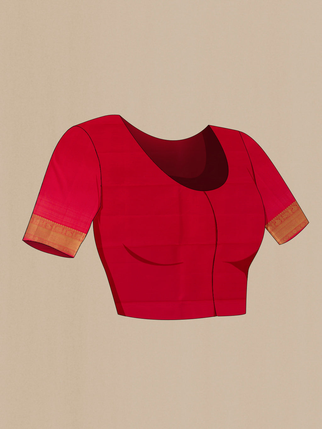 Close up image of the blouse of Pure Silk Pure Zari Red Kanchipuram Saree with Zari Butta on the body and Zari Border. 