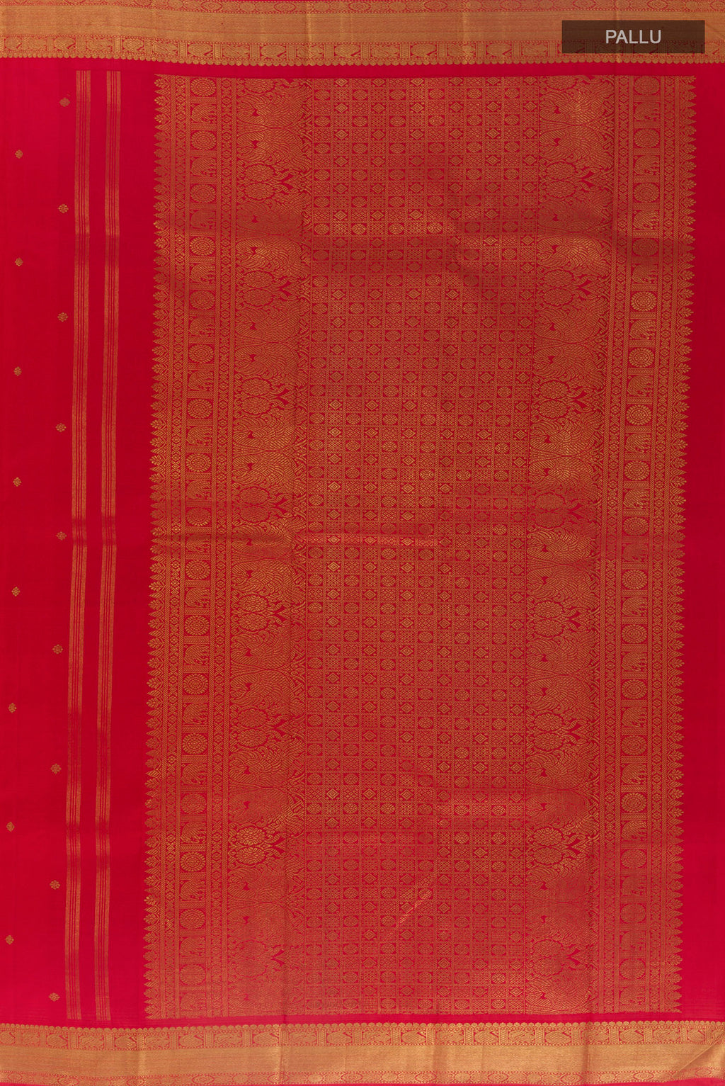 Close up image of the pallu of Pure Silk Pure Zari Red Kanchipuram Saree with Zari Butta on the body and Zari Border. 