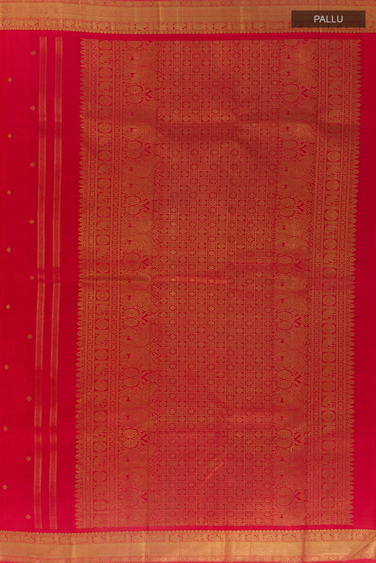 Close up image of the pallu of Pure Silk Pure Zari Red Kanchipuram Saree with Zari Butta on the body and Zari Border. 