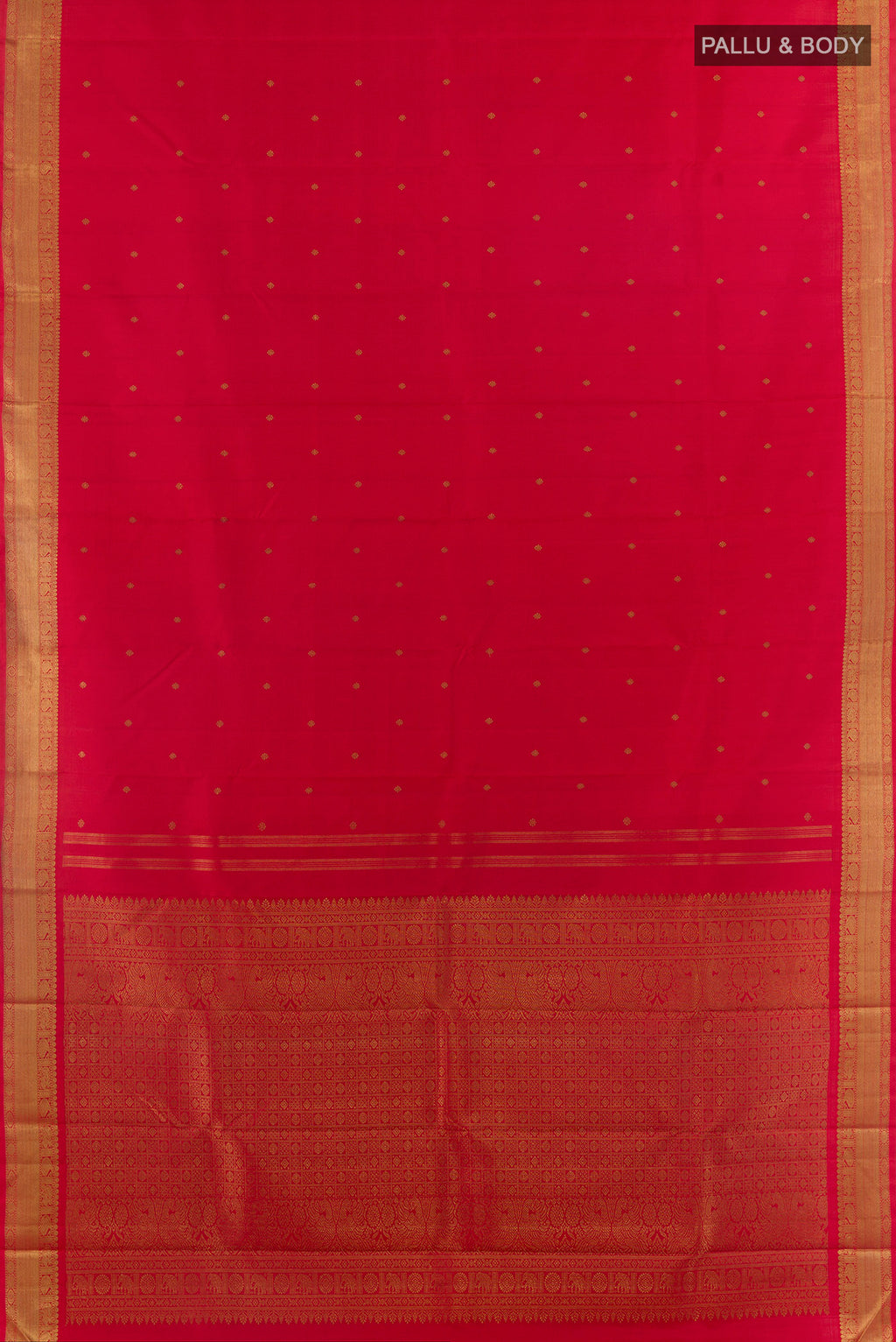 Flat view of Pure Silk Pure Zari Red Kanchipuram Saree with Zari Butta on the body and Zari Border. 