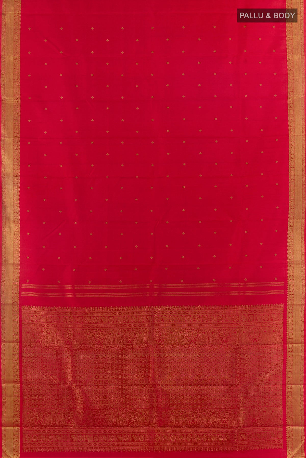 Flat view of Pure Silk Pure Zari Red Kanchipuram Saree with Zari Butta on the body and Zari Border. 