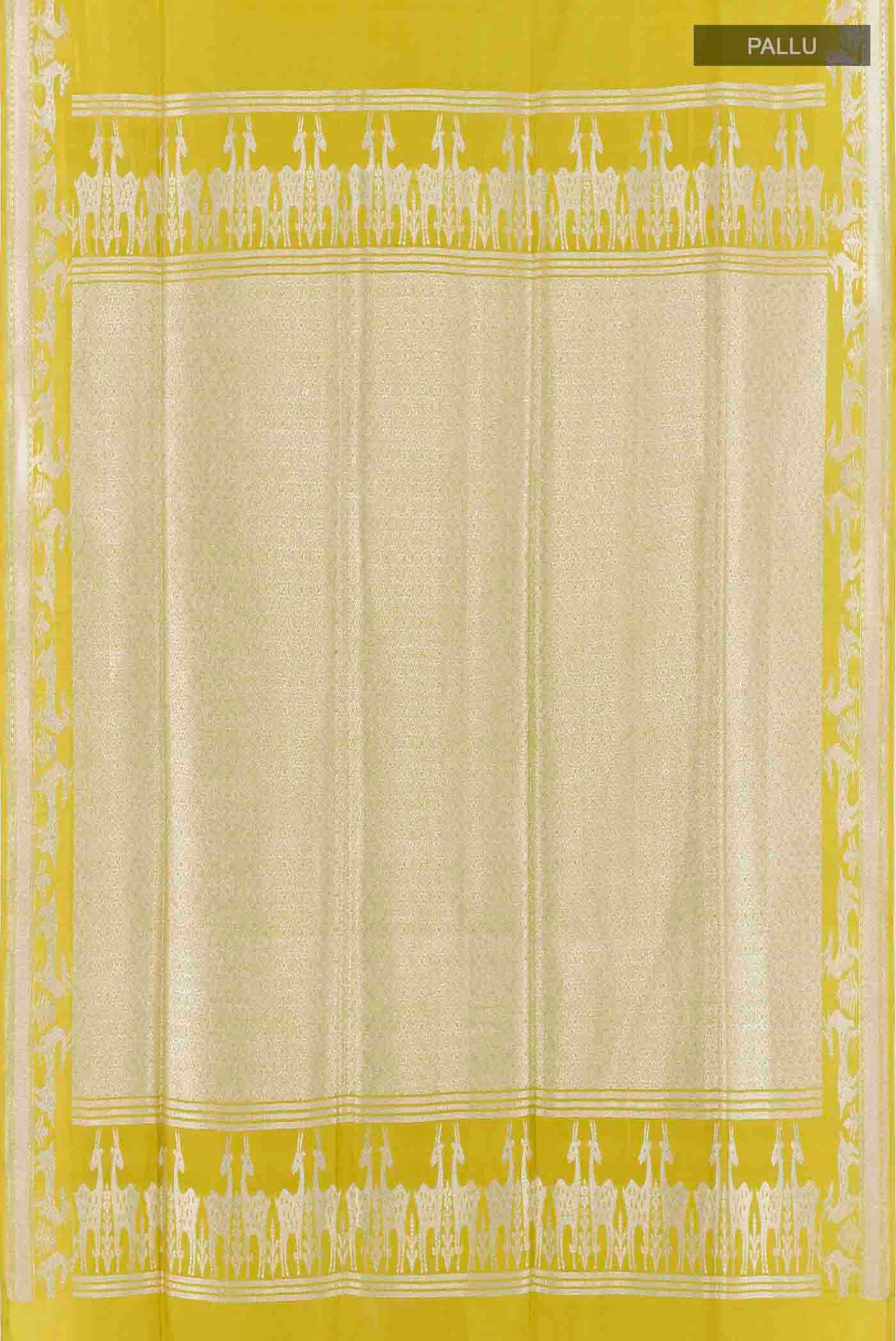 Close up image of the pallu of Yellow Banarasi Silk Saree with Zari Butta on the body and Zari Border