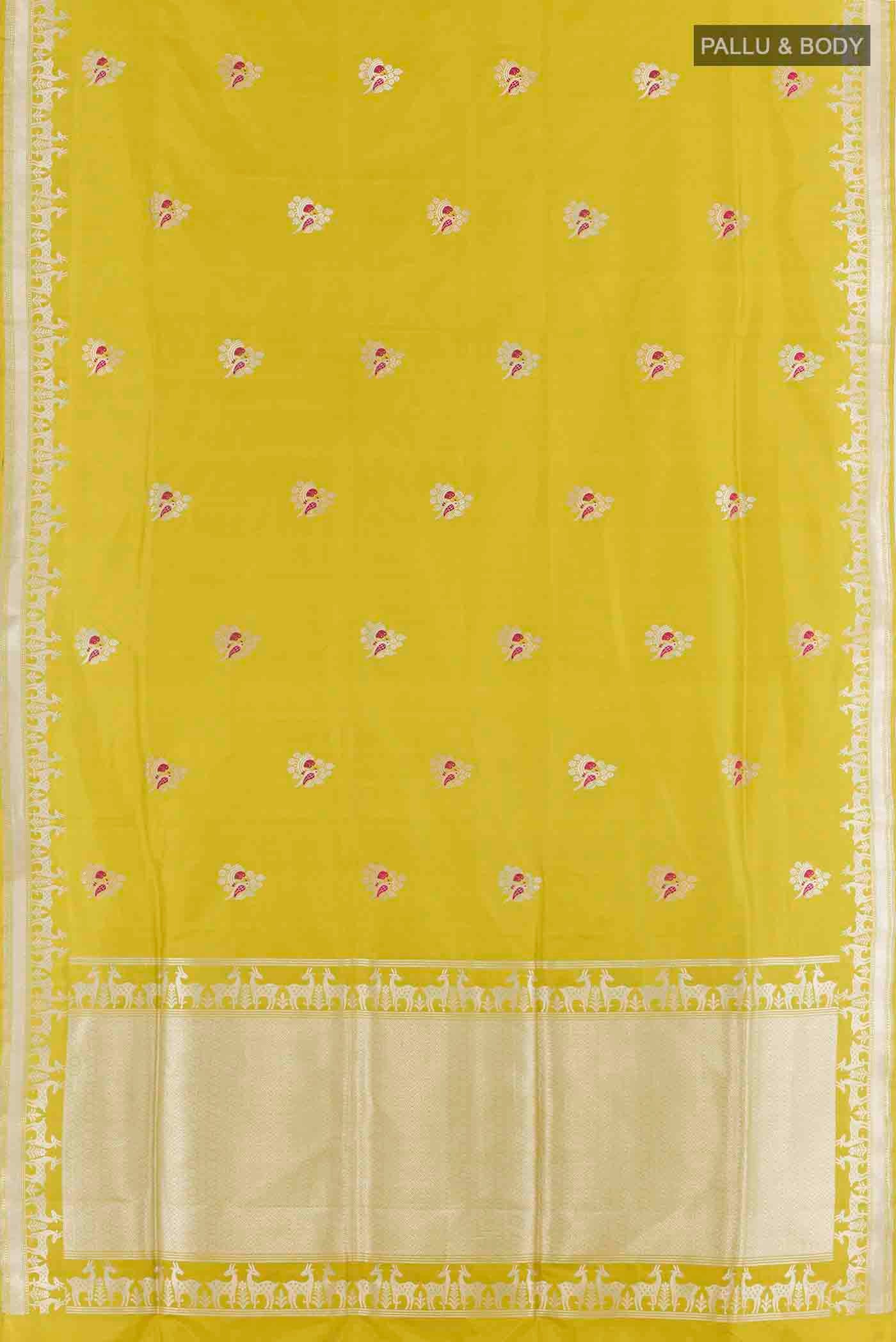 Flat view of Yellow Banarasi Silk Saree with Zari Butta on the body and Zari Border