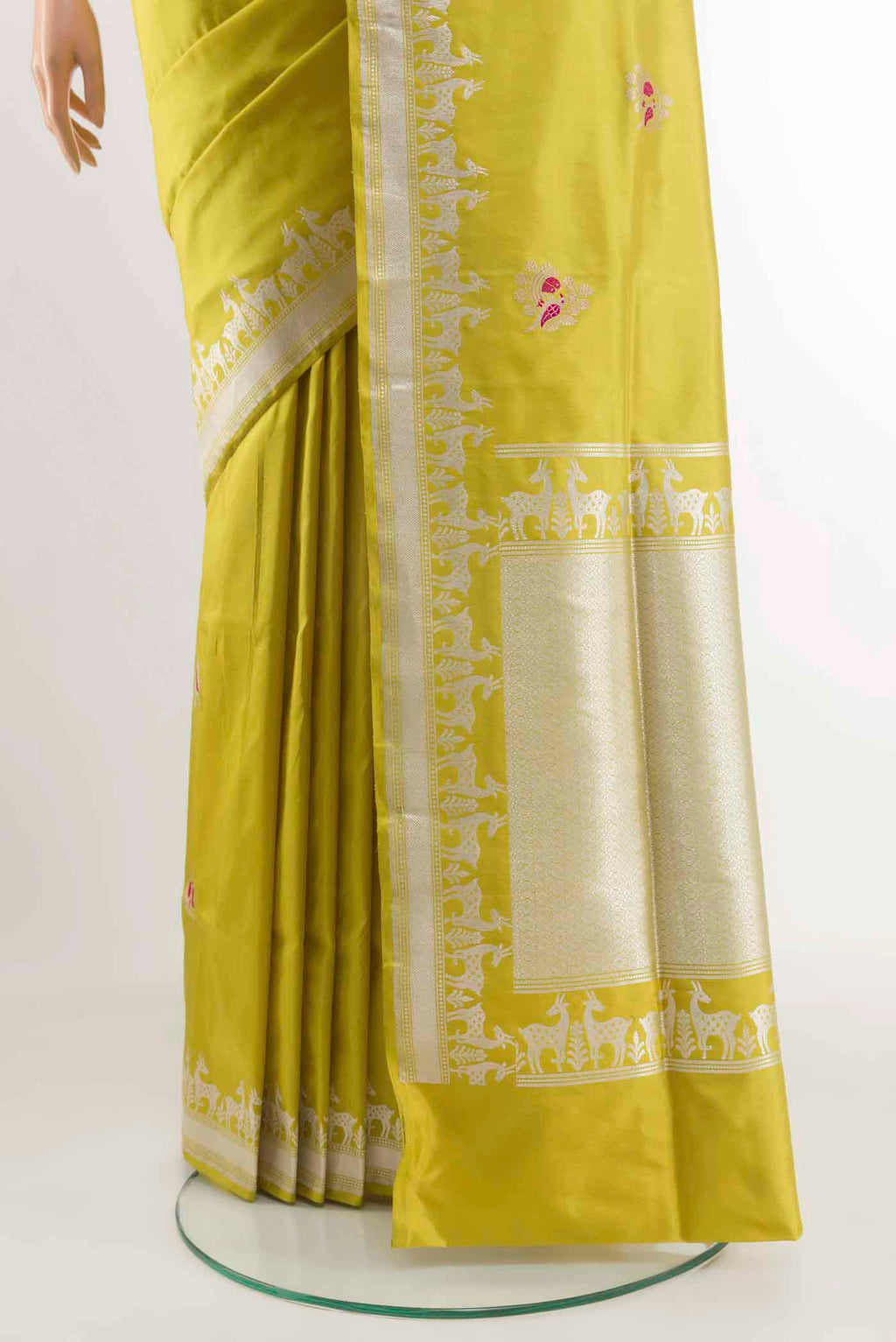 Pleats and pallu of Yellow Banarasi Silk Saree with Zari Butta on the body and Zari Border