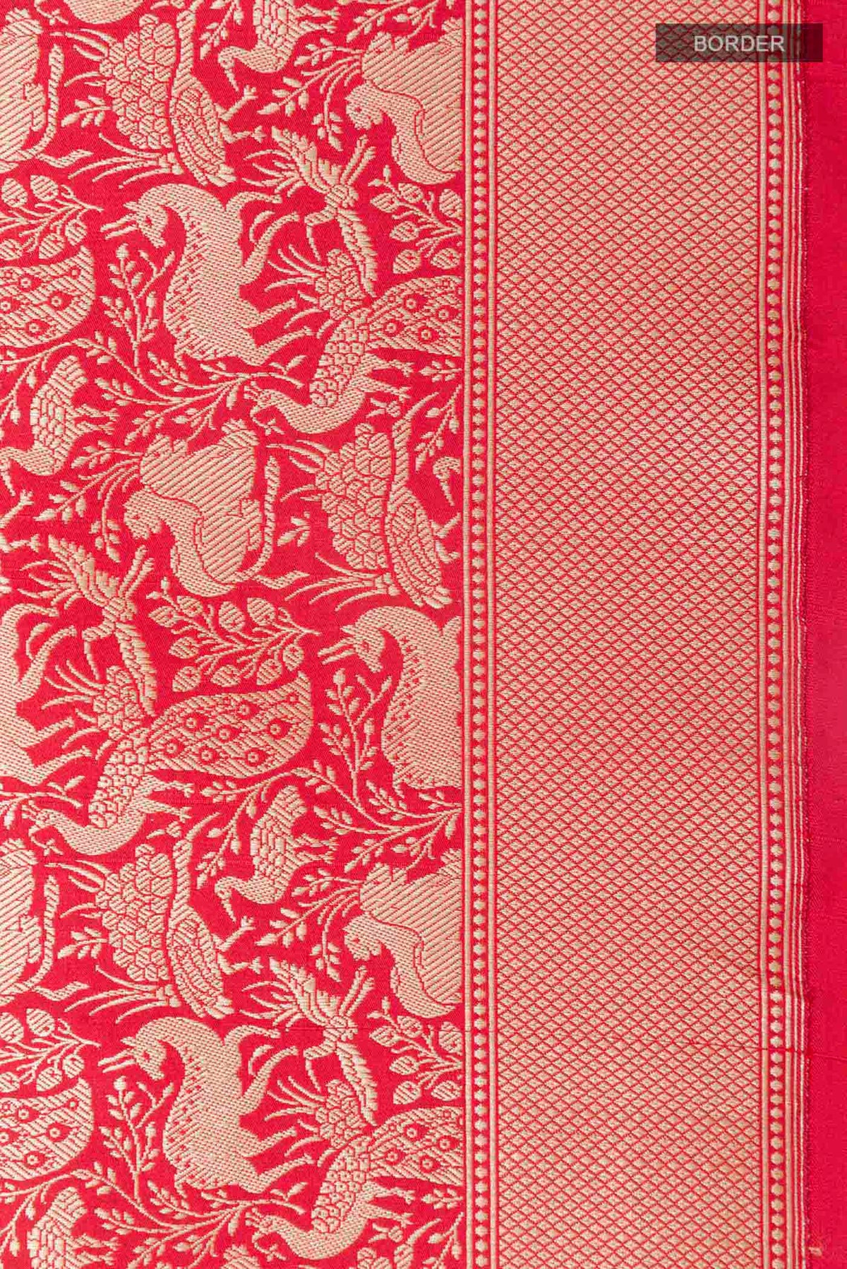 Border image of Red Banarasi Silk Saree with Stripes on the body and Zari Border