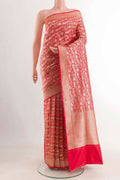 Red Banarasi Silk Saree with Stripes on the body and Zari Border displayed on a mannequin