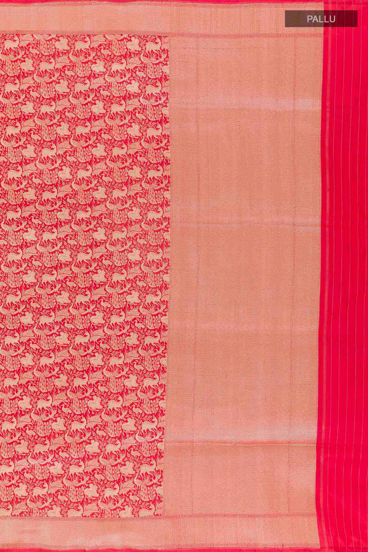 Close up image of the pallu of Red Banarasi Silk Saree with Stripes on the body and Zari Border