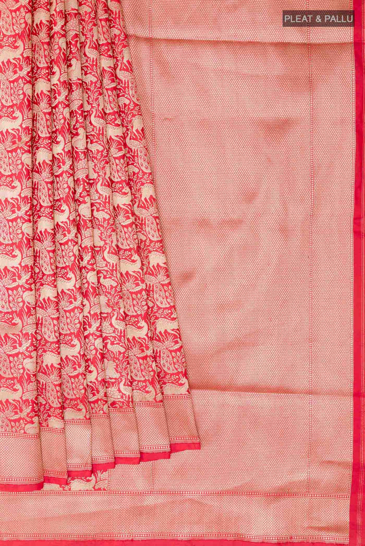 Pleats and pallu of Red Banarasi Silk Saree with Stripes on the body and Zari Border