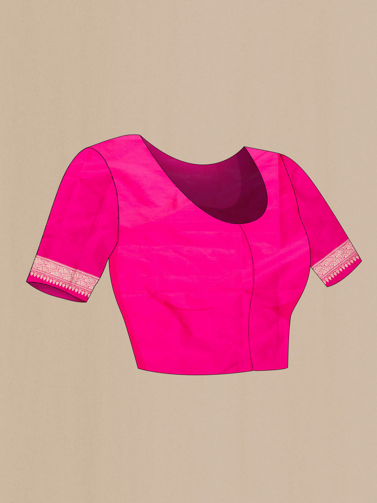 Close up image of the blouse of Pink Banarasi Silk Saree with Zari Butta on the body and Zari Border