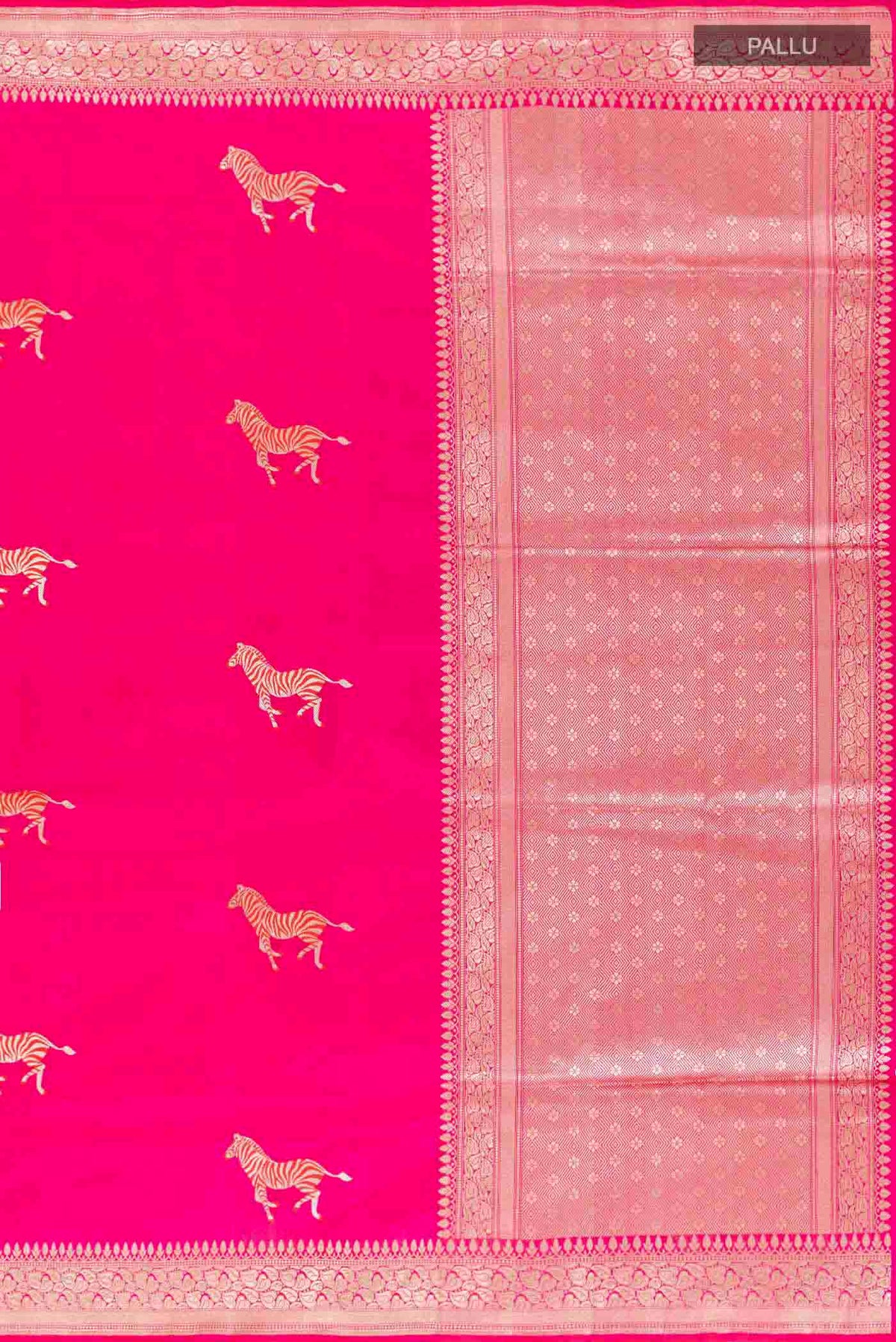 Close up image of the pallu of Pink Banarasi Silk Saree with Zari Butta on the body and Zari Border