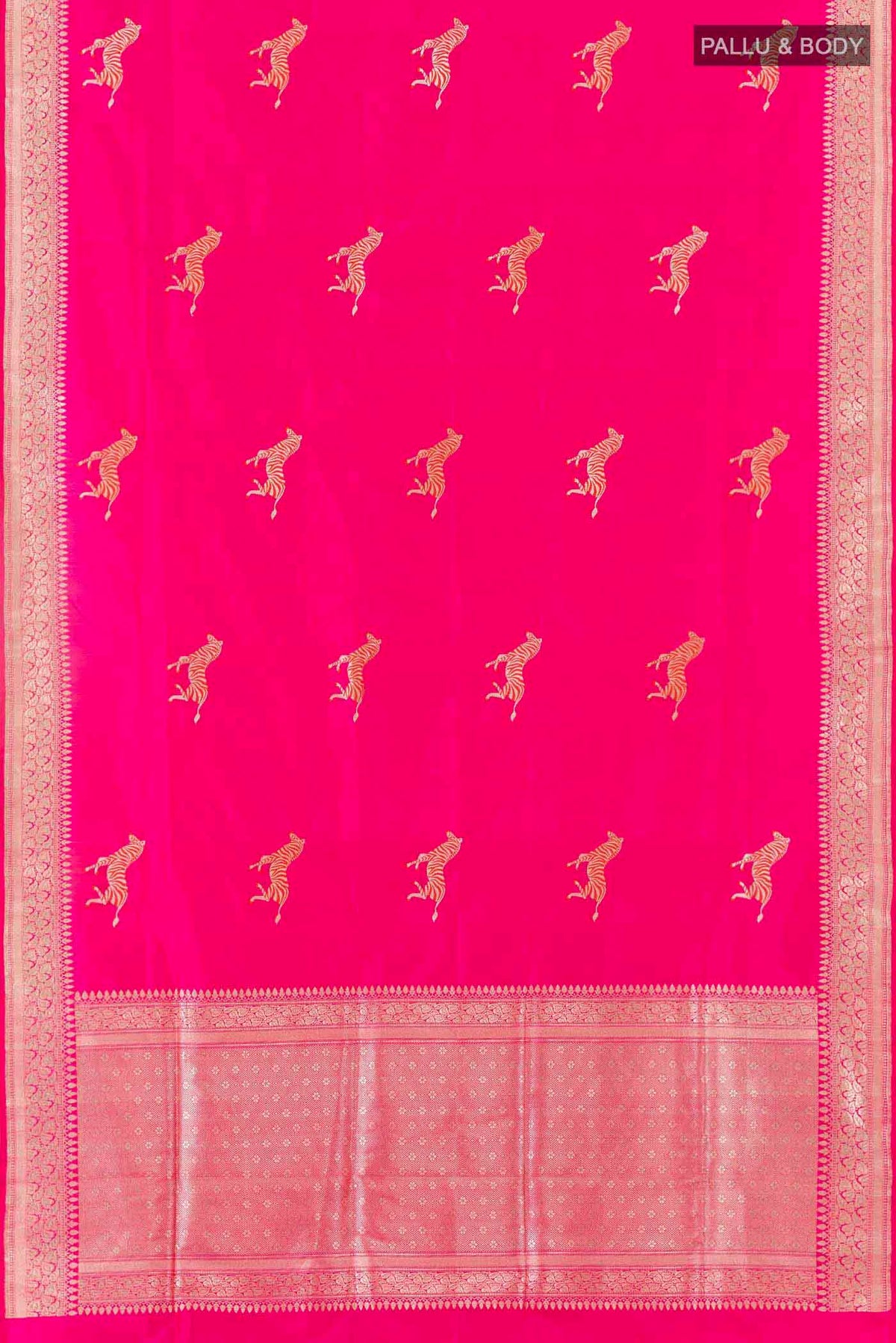 Flat view of Pink Banarasi Silk Saree with Zari Butta on the body and Zari Border