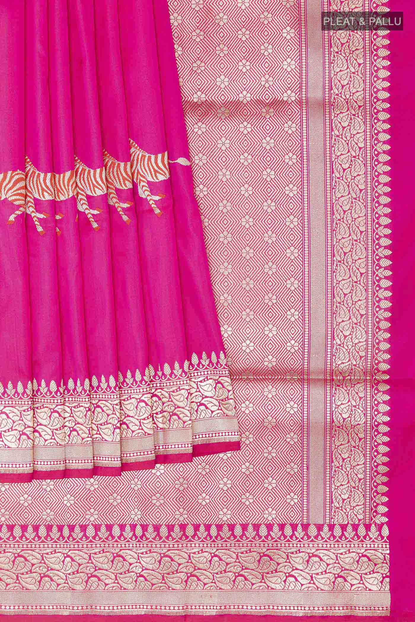 Pleats and pallu of Pink Banarasi Silk Saree with Zari Butta on the body and Zari Border
