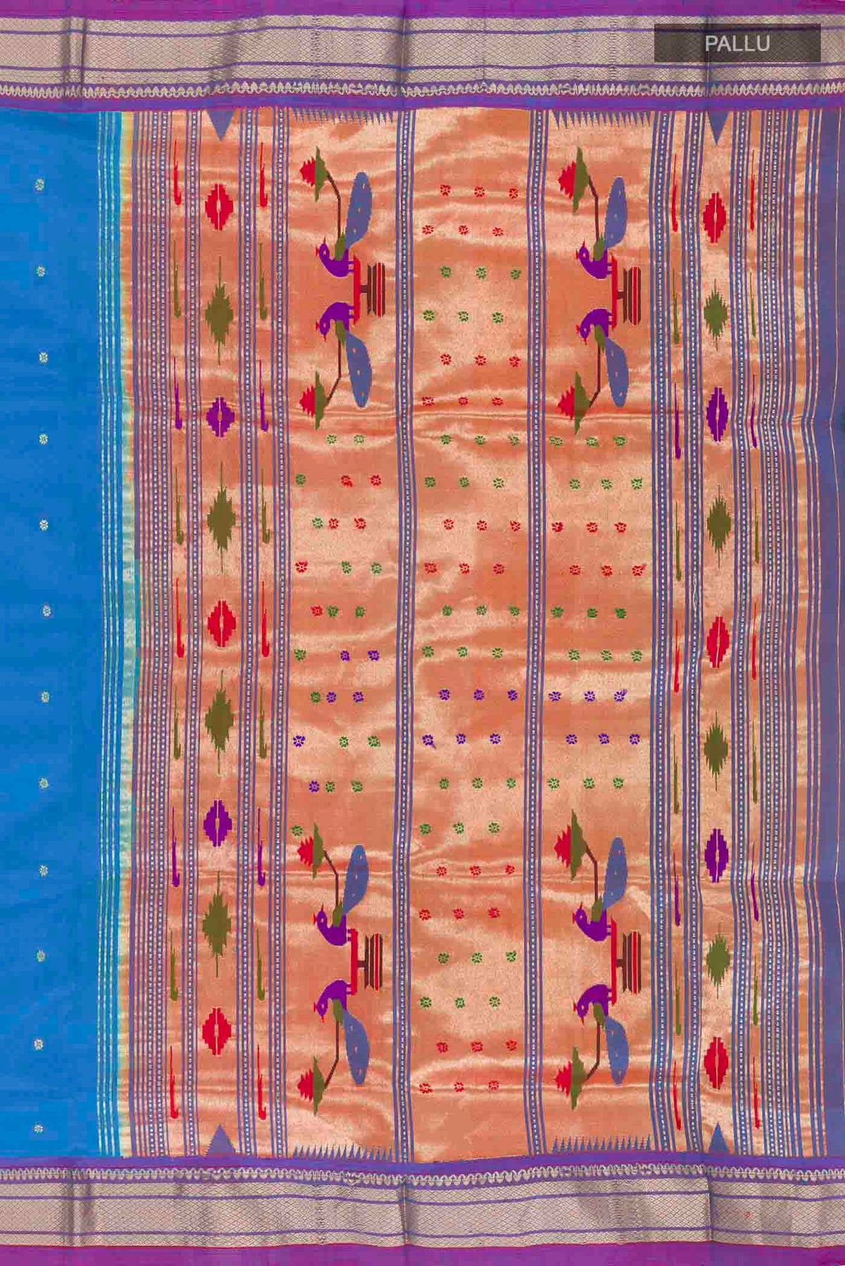 Close up image of the pallu of Blue Paithani Silk Saree with Zari Butta on the body and Zari Border