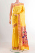 Yellow Dual Tone Paithani Silk Saree with Zari Butta on the body and Zari Border displayed on a mannequin