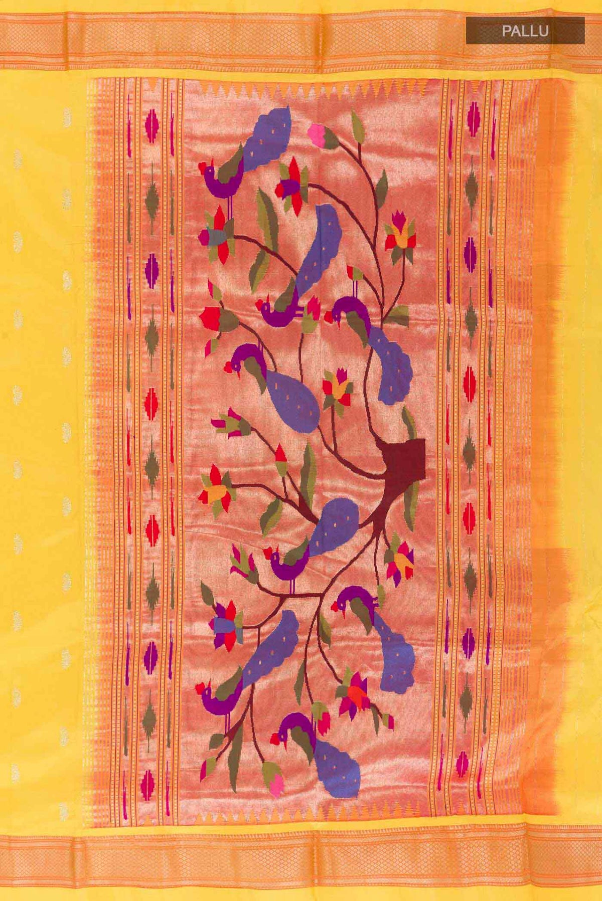 Close up image of the pallu of Yellow Dual Tone Paithani Silk Saree with Zari Butta on the body and Zari Border