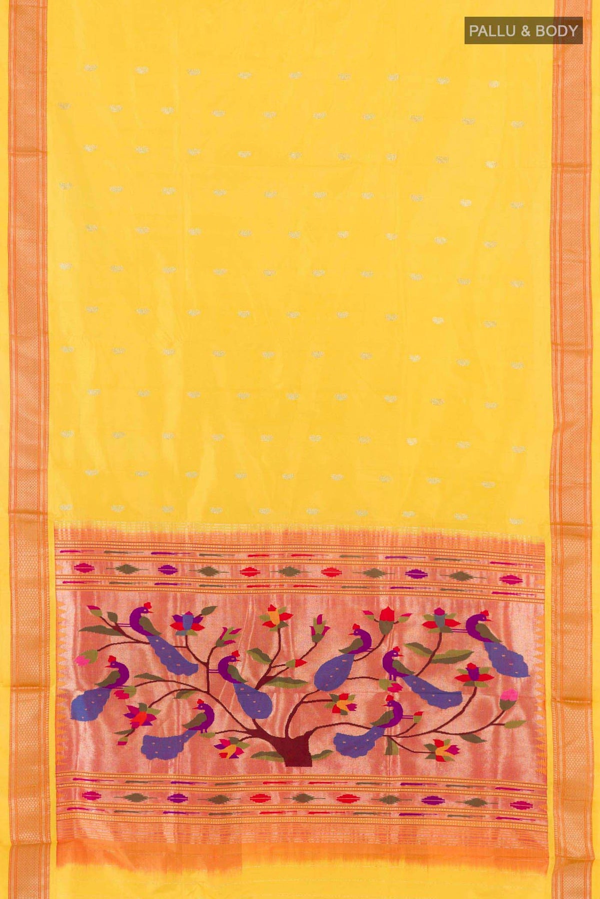 Flat view of Yellow Dual Tone Paithani Silk Saree with Zari Butta on the body and Zari Border