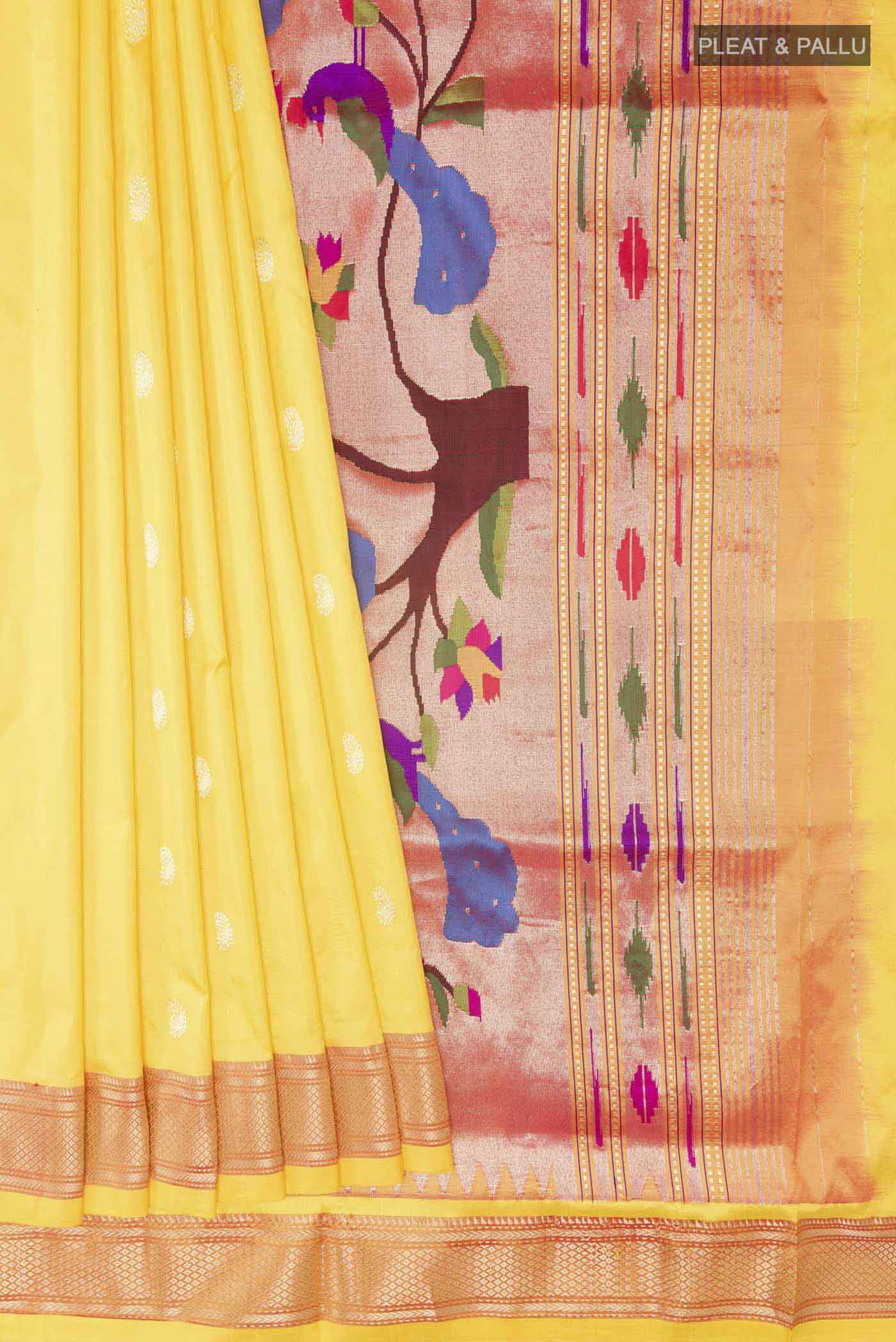 Pleats and pallu of Yellow Dual Tone Paithani Silk Saree with Zari Butta on the body and Zari Border