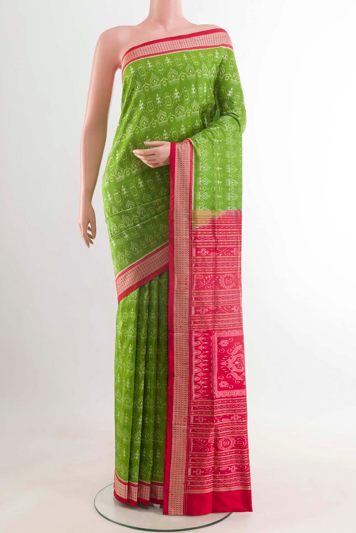 Green Orissa Silk Saree with Pure Ikat on the body and Thread Border displayed on a mannequin