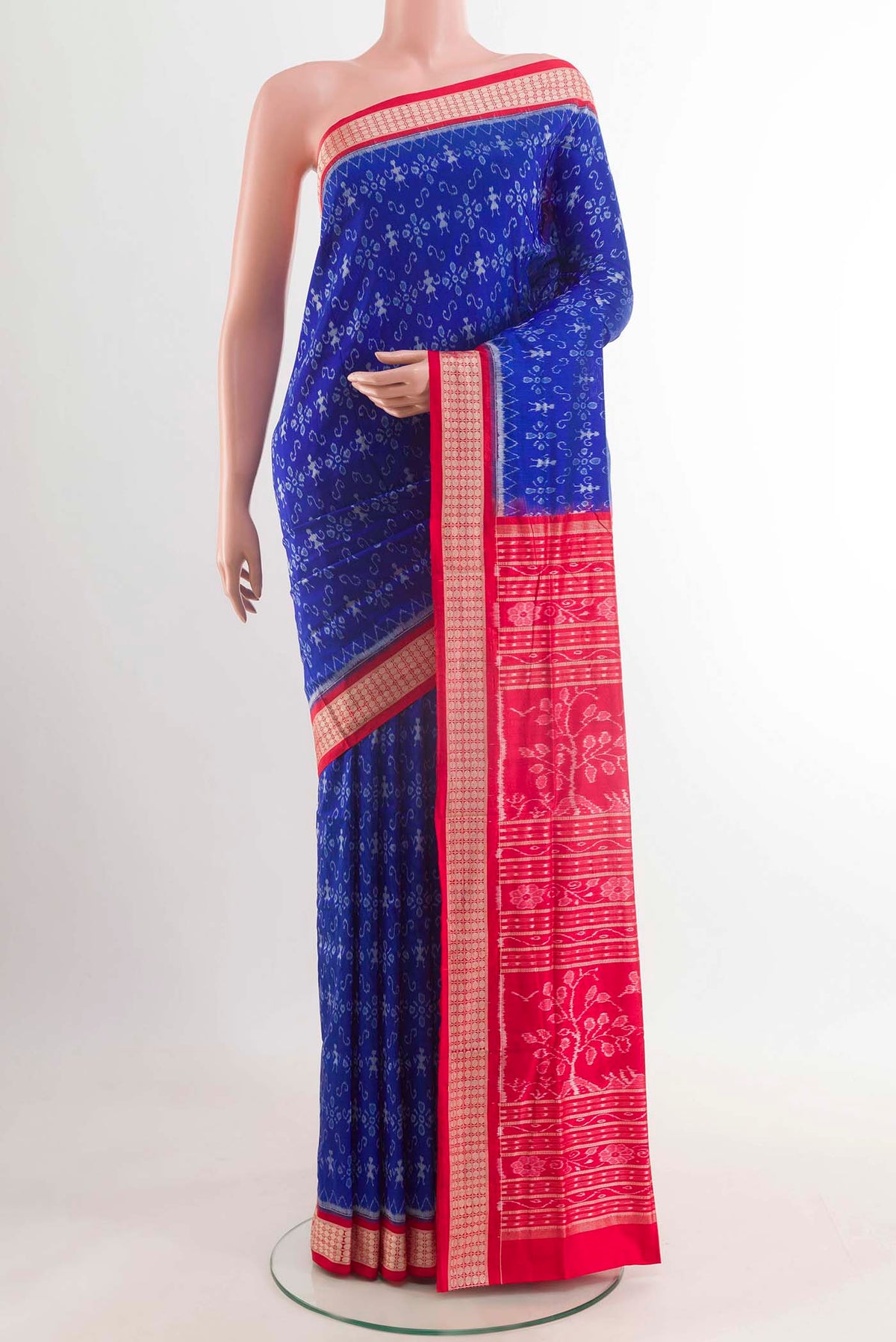 Blue Orissa Silk Saree with Pure Ikat on the body and Thread Border displayed on a mannequin