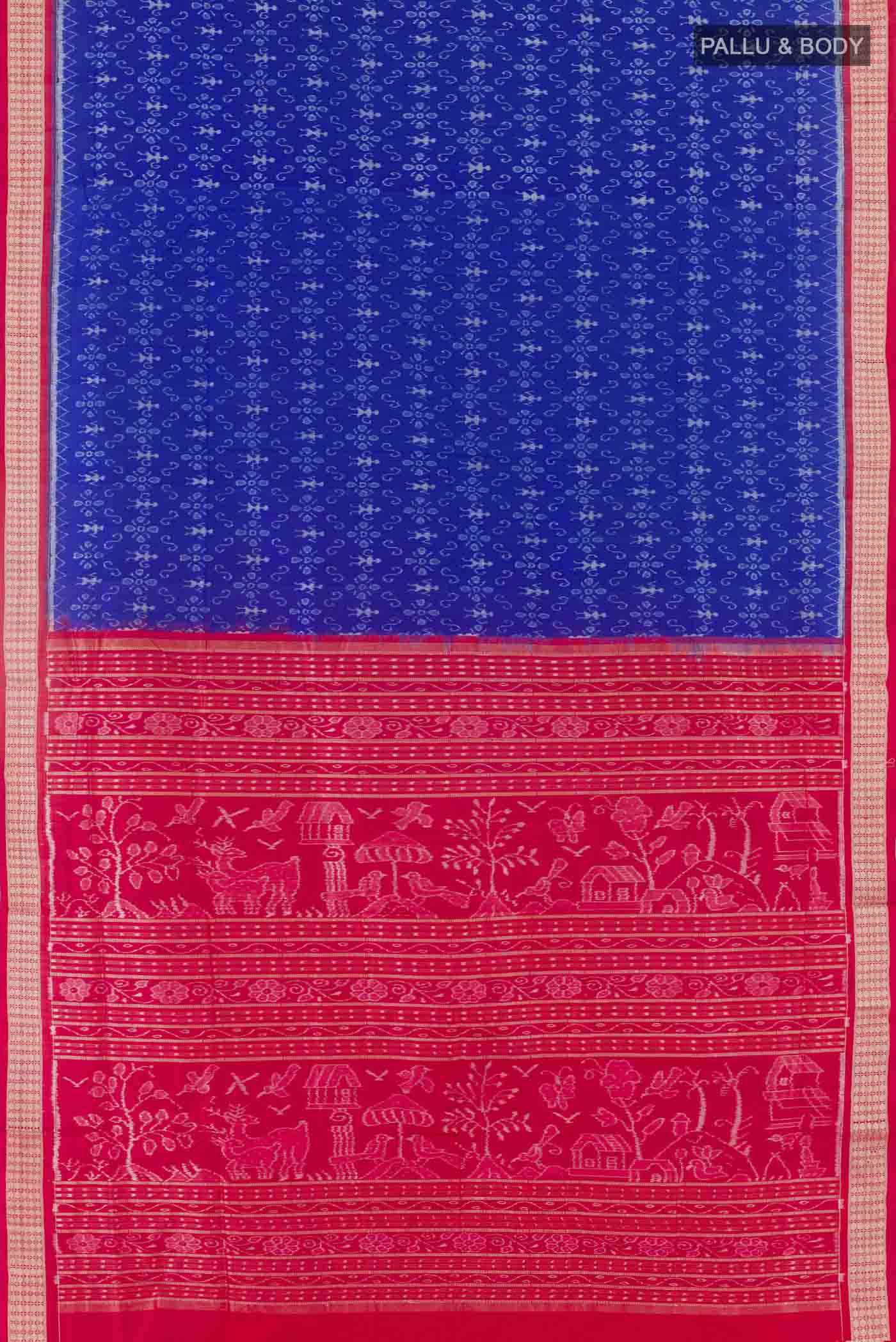 Flat view of Blue Orissa Silk Saree with Pure Ikat on the body and Thread Border