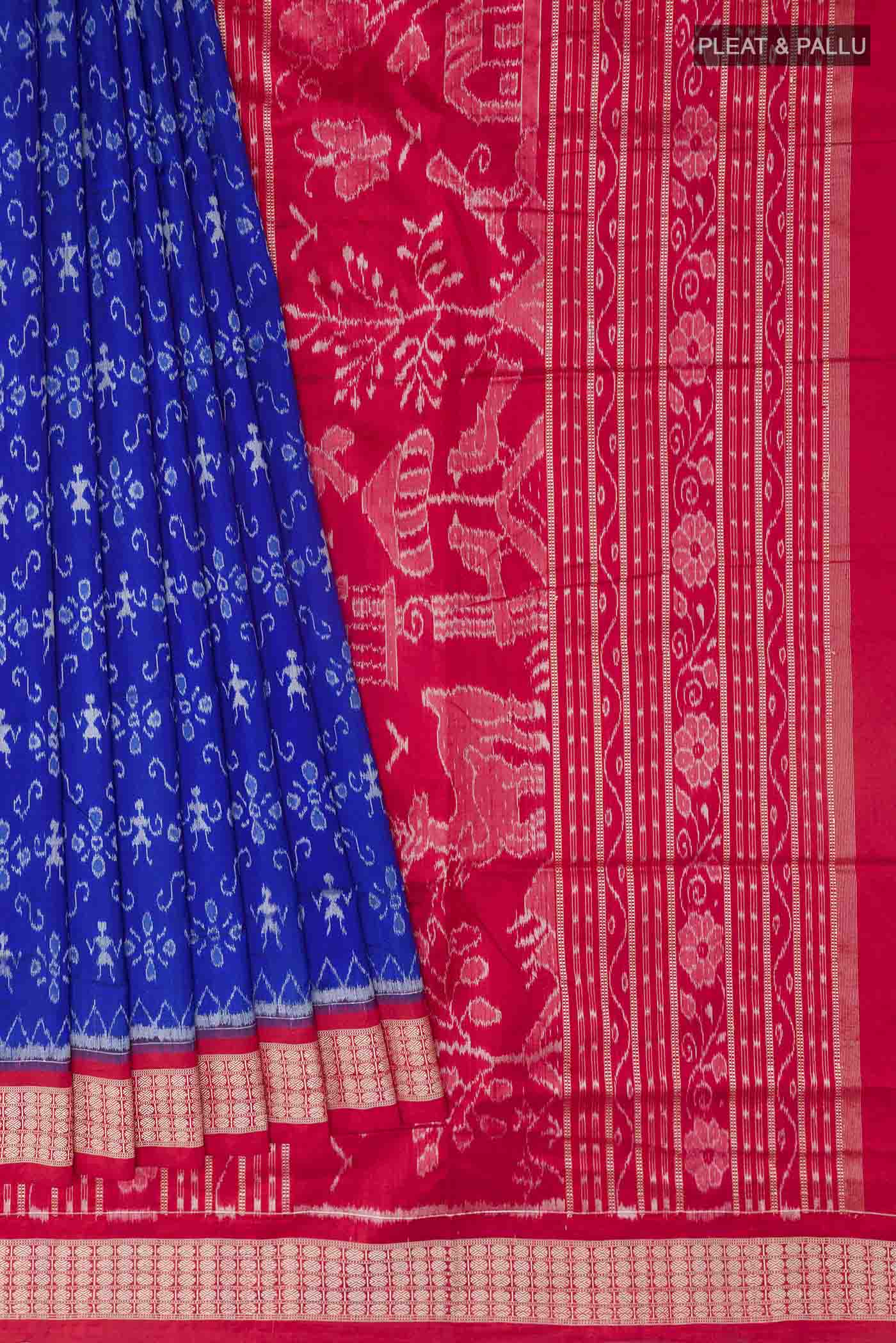 Pleats and pallu of Blue Orissa Silk Saree with Pure Ikat on the body and Thread Border