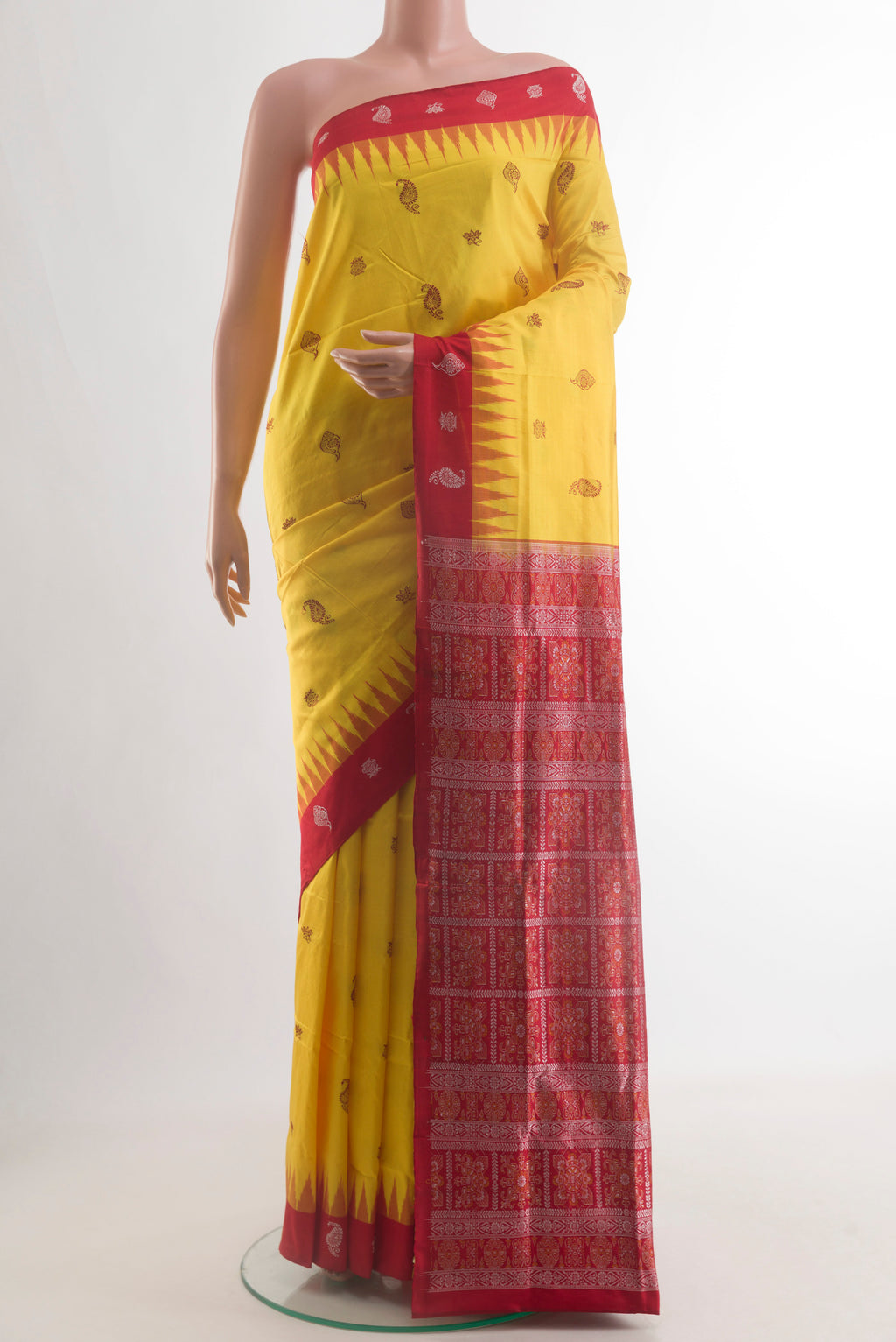 Yellow Orissa Silk Saree with Thread Butta on the body and Thread Border.  displayed on a mannequin