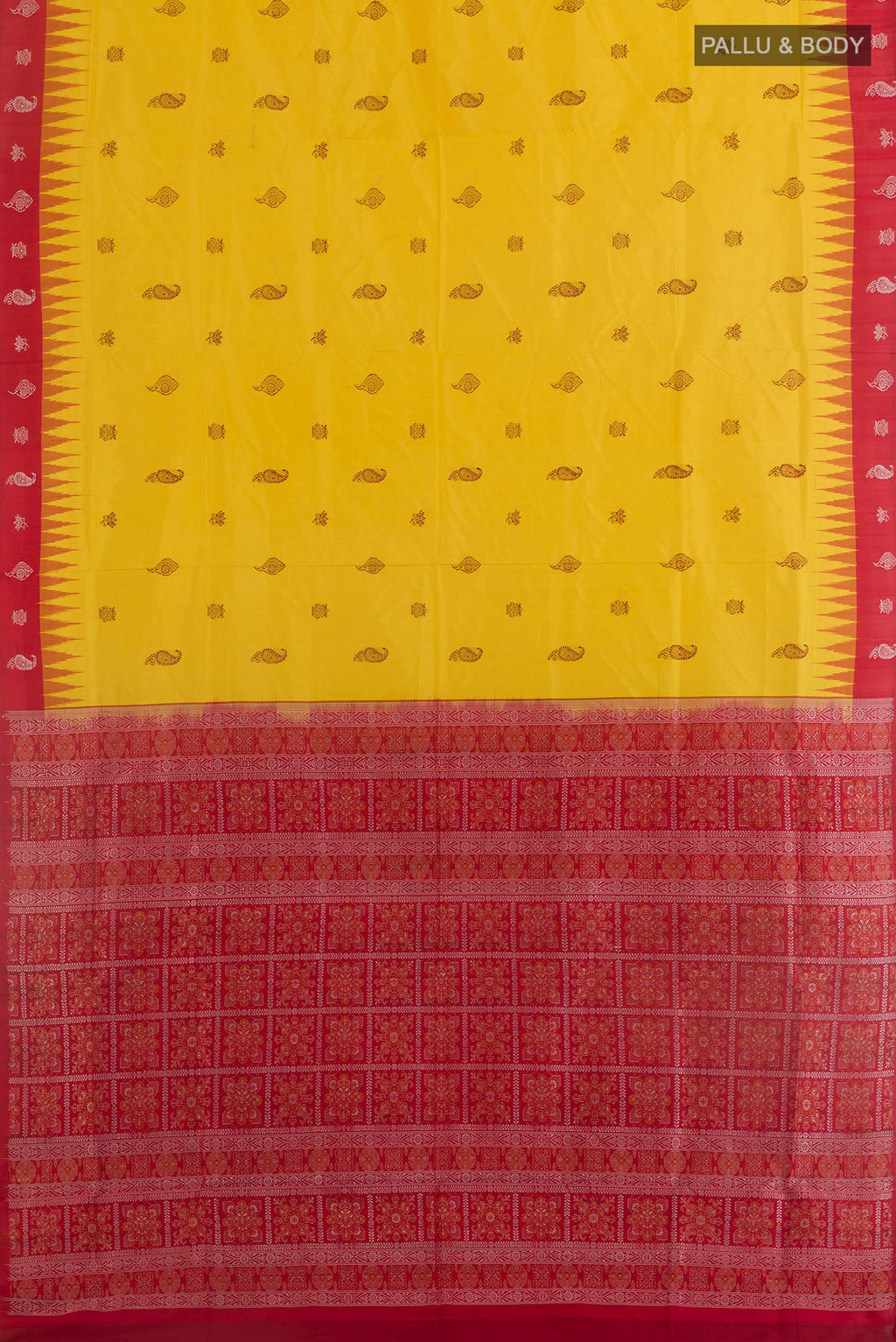 Flat view of Yellow Orissa Silk Saree with Thread Butta on the body and Thread Border. 