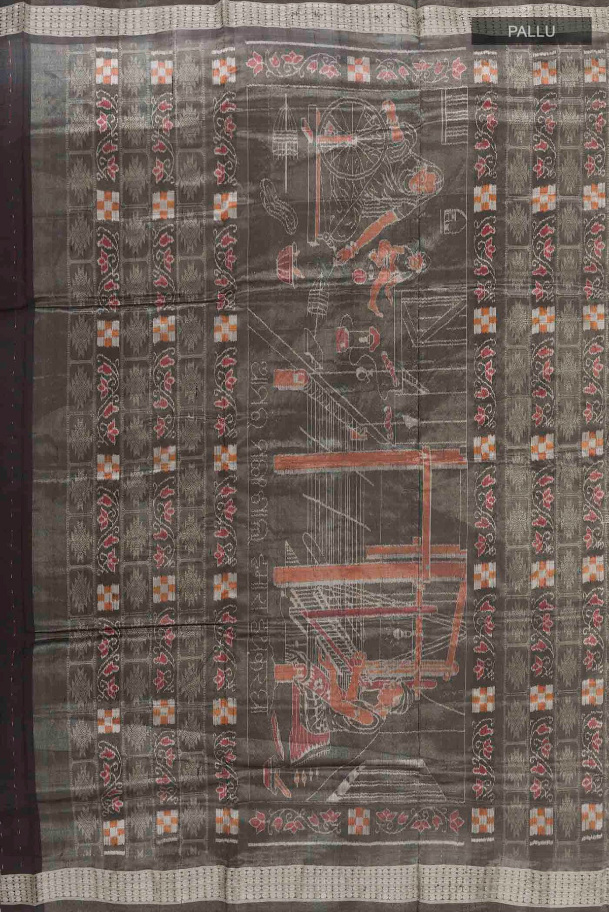 Close up image of the pallu of White Orissa Silk Saree with Thread Butta on the body and Zari Border