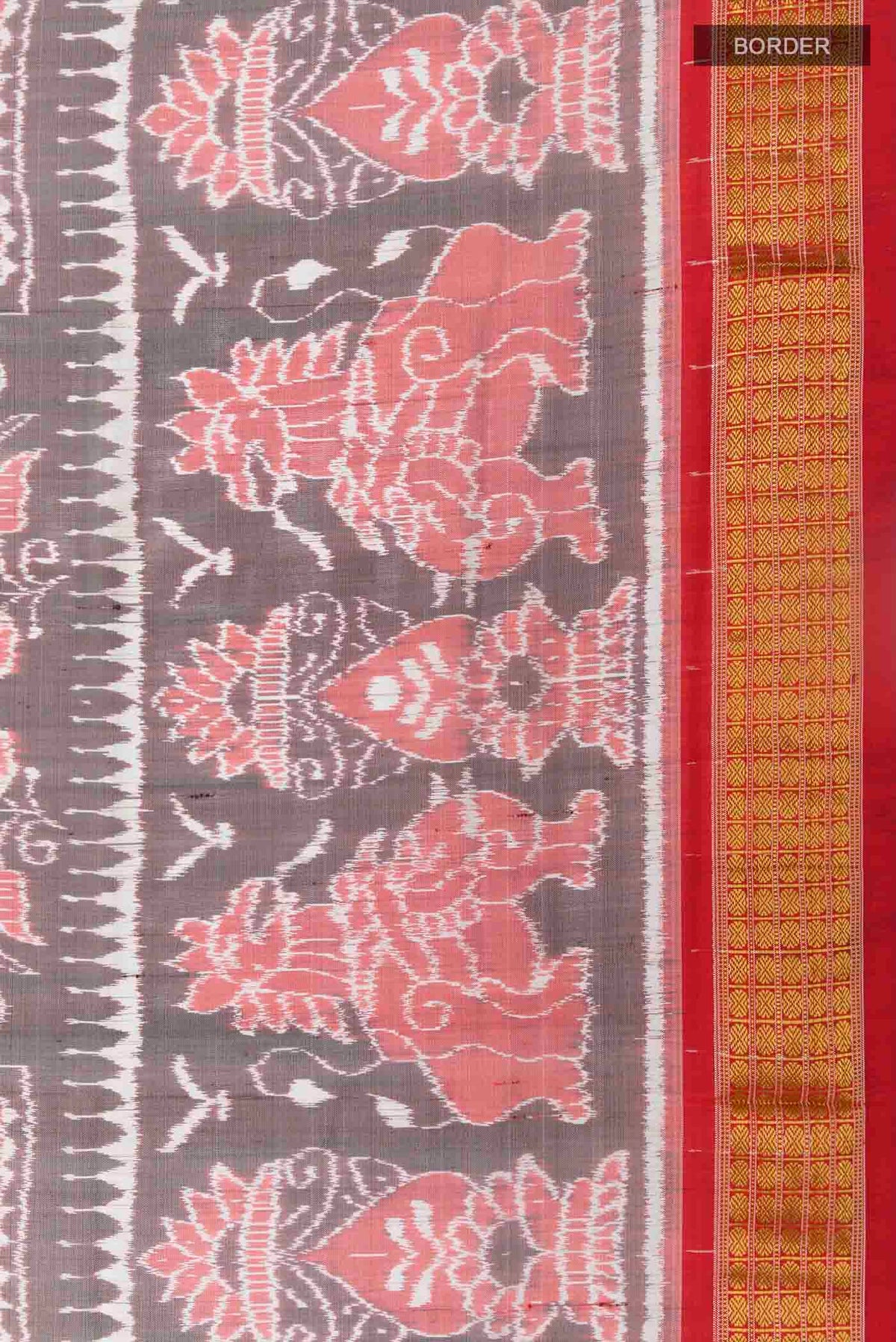 Border image of Grey Orissa Silk Saree with Ikat design on the body and Zari Border