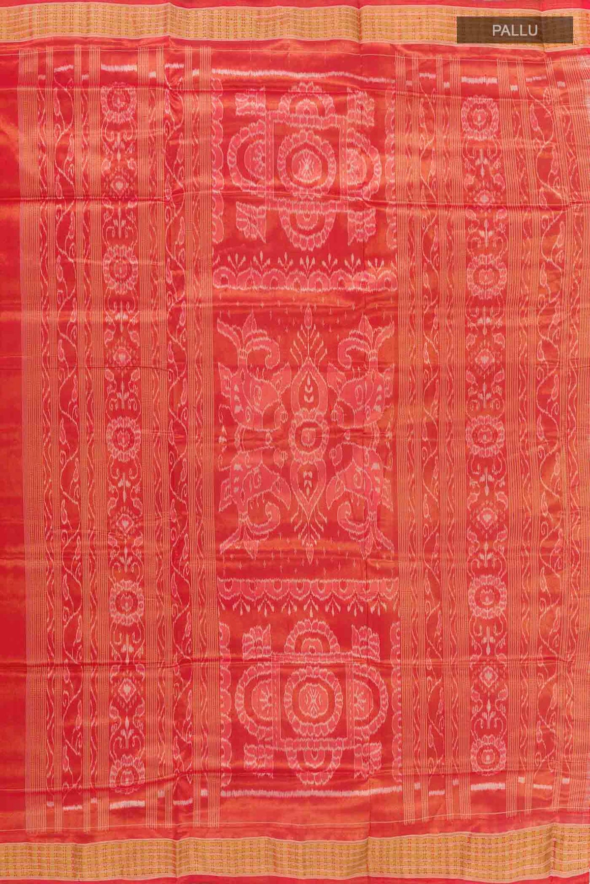 Close up image of the pallu of Grey Orissa Silk Saree with Ikat design on the body and Zari Border