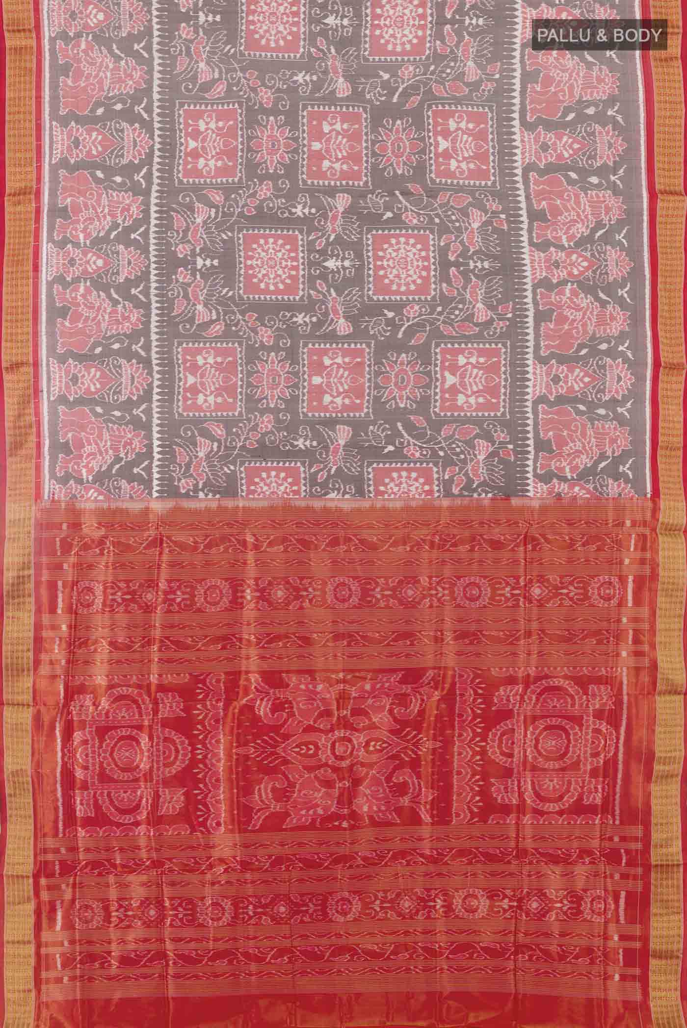 Flat view of Grey Orissa Silk Saree with Ikat design on the body and Zari Border